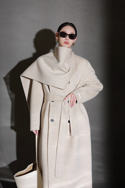 Luxury Lama Wool Blend Coat with Shawl Detail