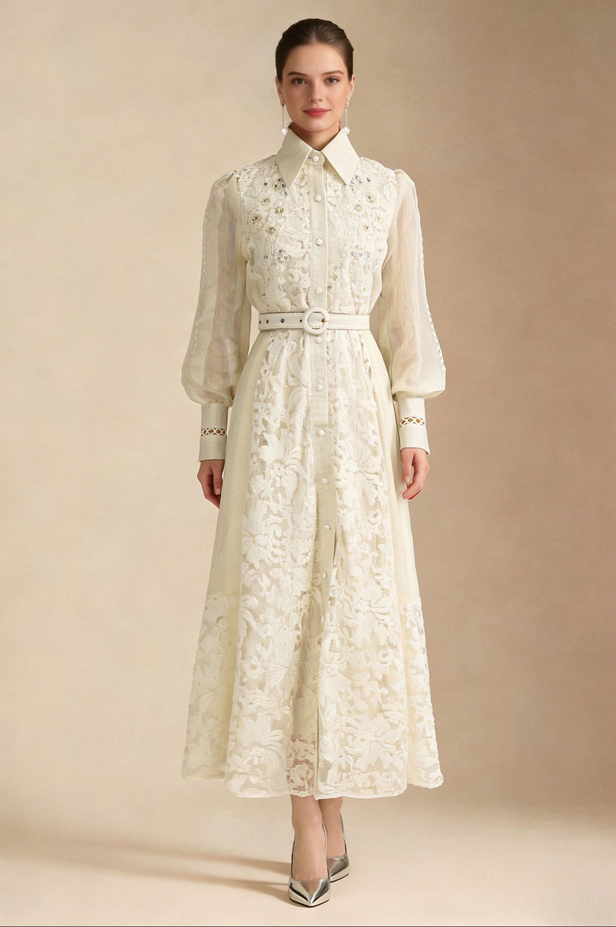 Lace Collar Lantern Sleeve Midi Dress