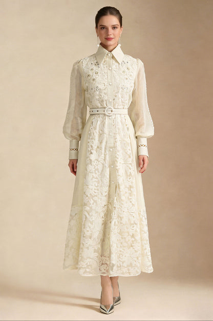 Lace Collar Lantern Sleeve Midi Dress
