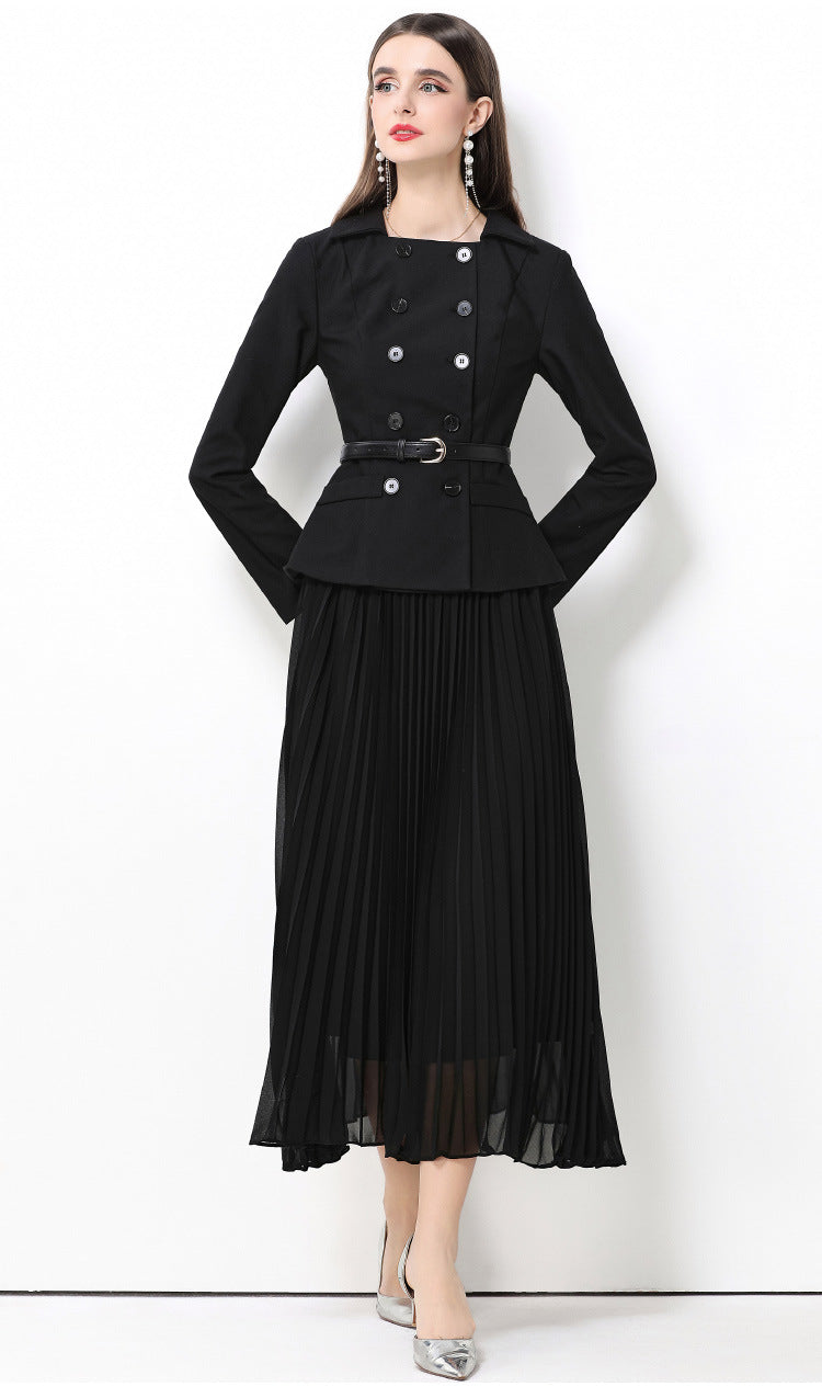 Retro Pleated Detail Long Black Dress