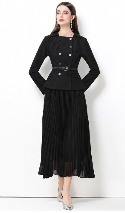 Retro Pleated Detail Long Black Dress