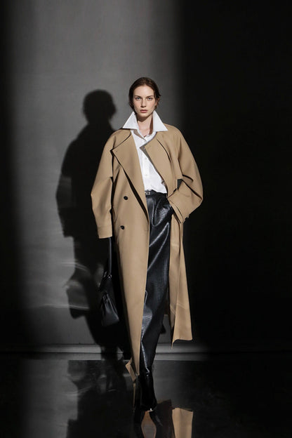 Minimalist Round Neck Wool Blend Trench Coat – Relaxed Fit