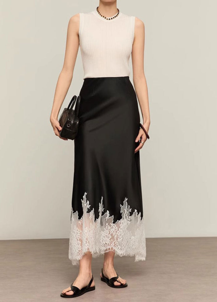 Lace-Trimmed Acetate Satin Maxi Skirt