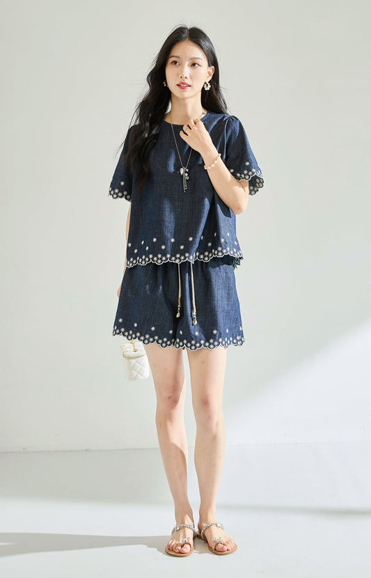 Embroidered Denim Two-Piece Set with High-Waisted Shorts