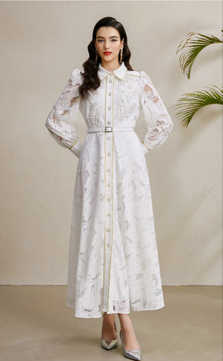 Beaded Lace Maxi Dress with Gold Trim – Elegant Retro Gown