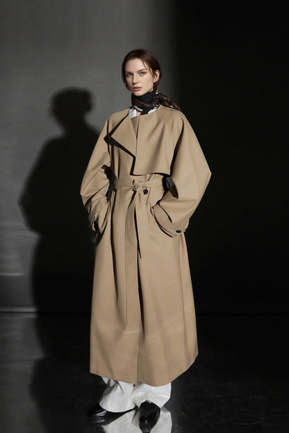 Minimalist Round Neck Wool Blend Trench Coat – Relaxed Fit