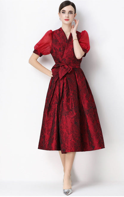 Jacquard Puff Sleeve V-Neck Maxi Dress