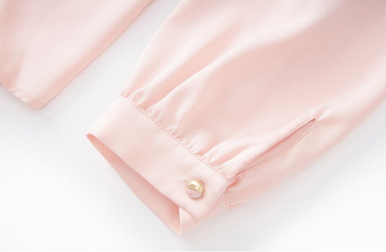 Powder Elegance Satin Bow-Tie Blouse – French-Inspired Sophistication