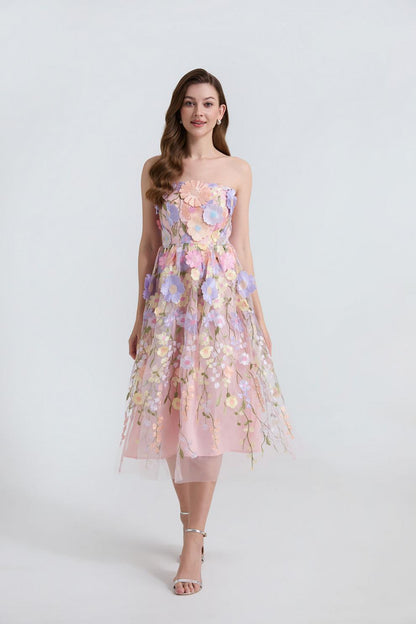Strapless 3D Floral Embroidered Long Dress