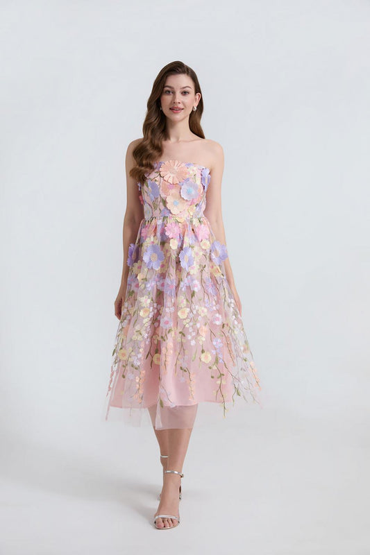 Strapless 3D Floral Embroidered Long Dress