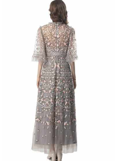 Belleza Princess-Cut Embroidered Maxi Evening Dress