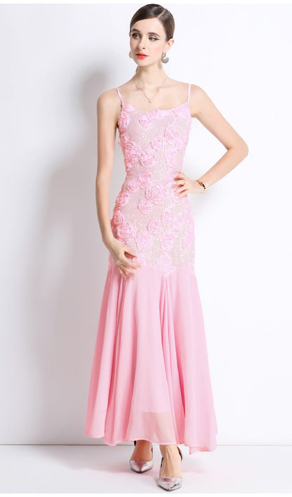 French 3D Floral Strappy High-Waist Mermaid Maxi Dress