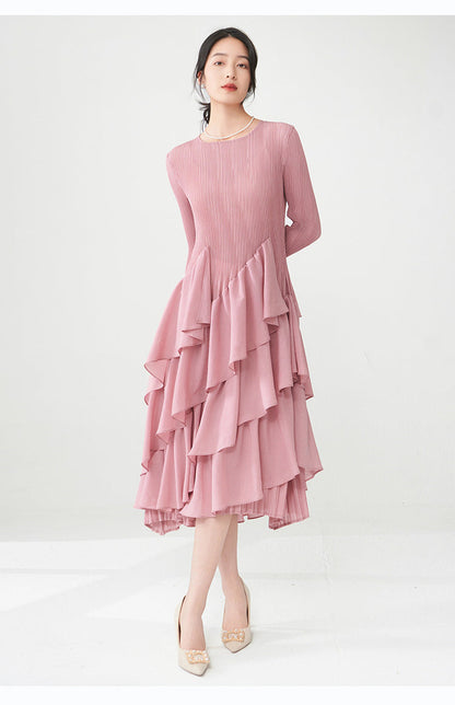 Spring Breeze Ruffled Midi Dress – Long Sleeve, One Size