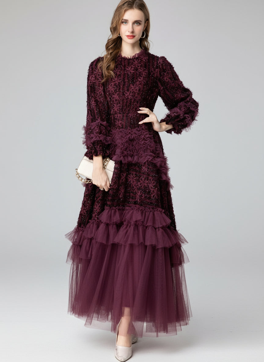 Plum 3D Floral Detail Tulle Evening Dress