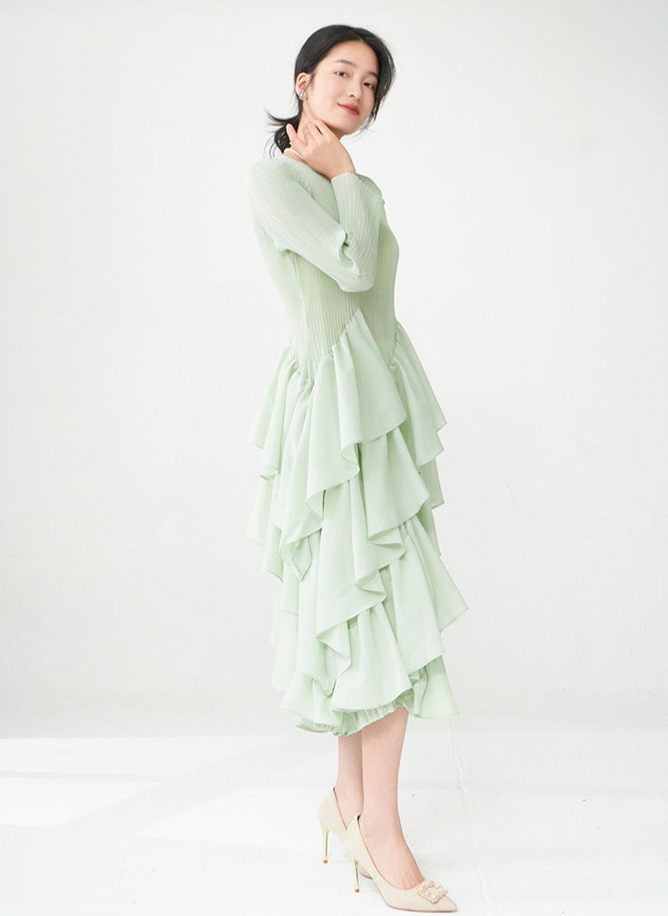 Spring Breeze Ruffled Midi Dress – Long Sleeve, One Size