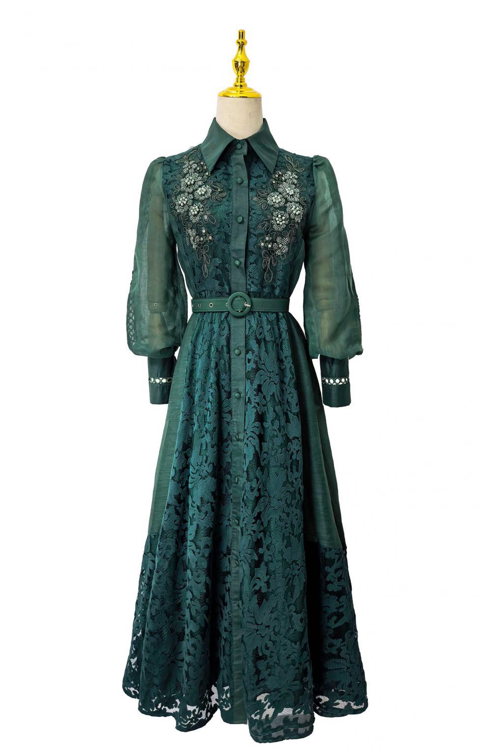 Lace Collar Lantern Sleeve Midi Dress