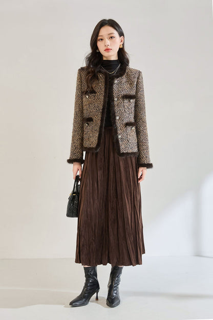 Luxury Tweed Short Puffer Jacket with White Duck Down Filling