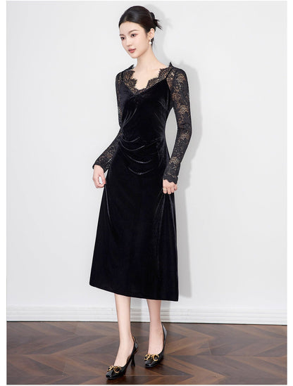 French Velvet Lace Embroidered Slim Dress
