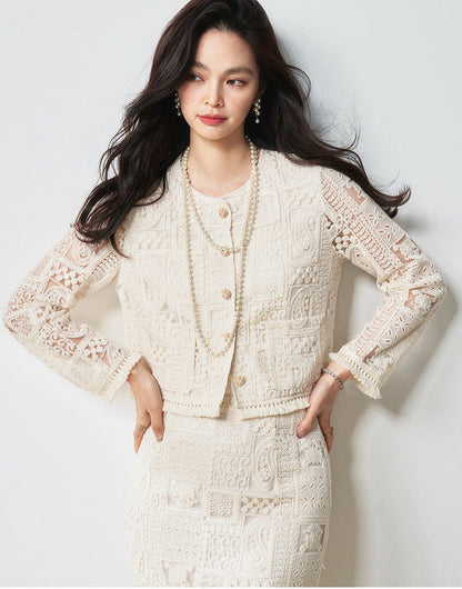 Luxury Beige Two-Piece Set with Fringe & Hollow Floral Details