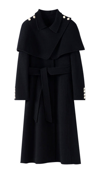 Hepburn Wool Coat with Detachable Shawl – Double-Faced 100% Wool