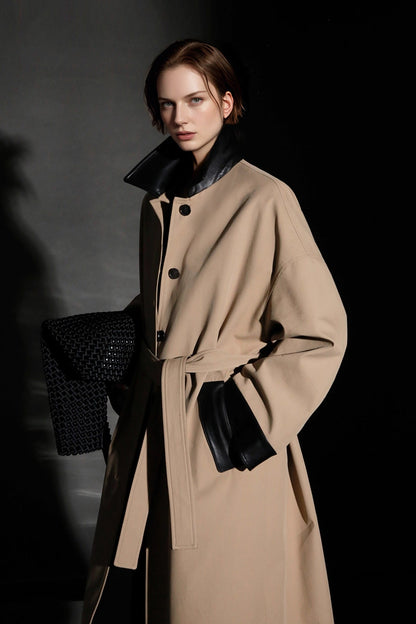 Leather-Trimmed Polo Collar Oversized Long Trench Coat