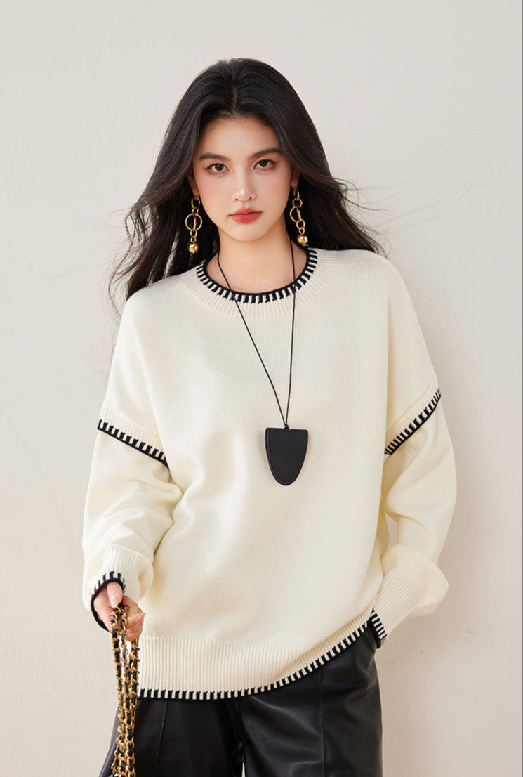 Black & White Color-Block Oversized Knit Sweater