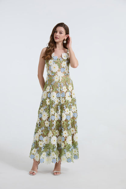 Embroidered One-Shoulder Green Maxi Dress