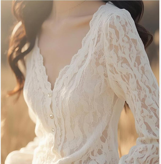 French Lace Detail White Spring Blouse