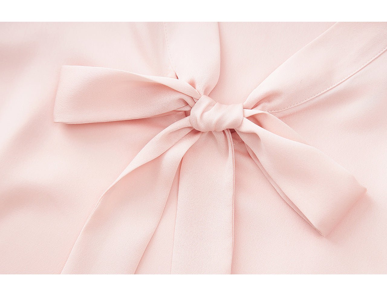 Powder Elegance Satin Bow-Tie Blouse – French-Inspired Sophistication