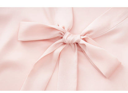 Powder Elegance Satin Bow-Tie Blouse – French-Inspired Sophistication