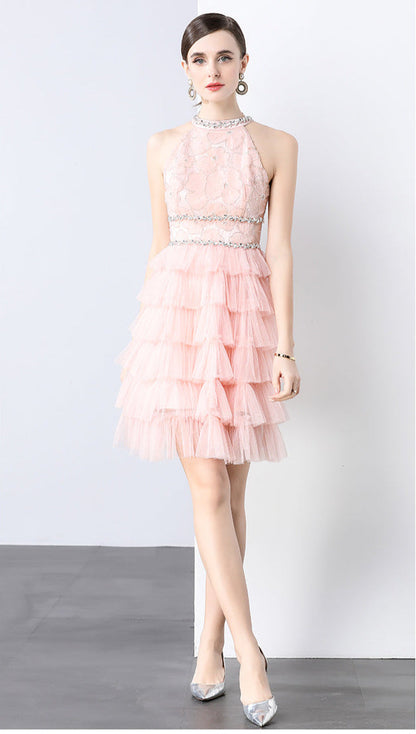 Crystal Chain Halter Neck Layered Tulle Dress
