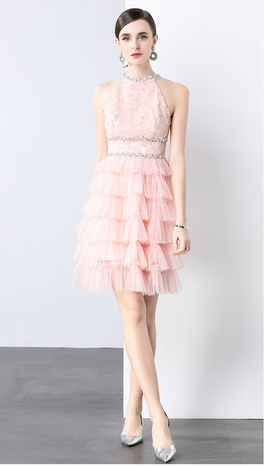 Crystal Chain Halter Neck Layered Tulle Dress