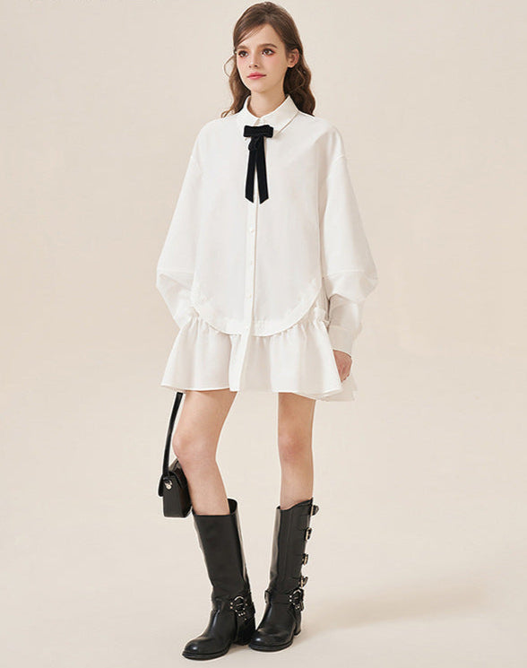 College-Inspired Ruffle Tie Shirt Dress