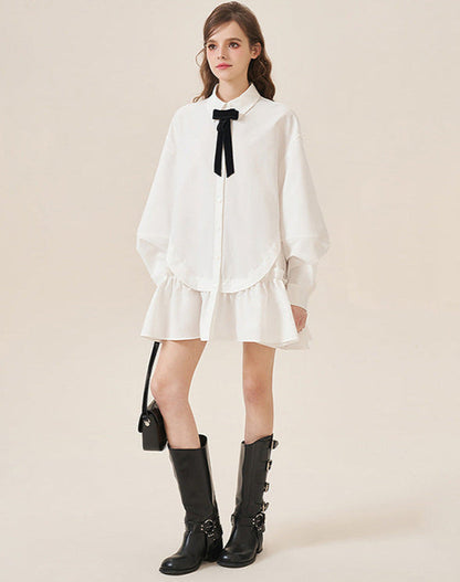 College-Inspired Ruffle Tie Shirt Dress