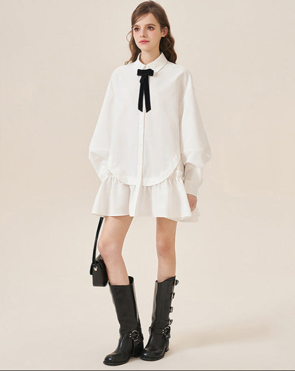 College-Inspired Ruffle Tie Shirt Dress