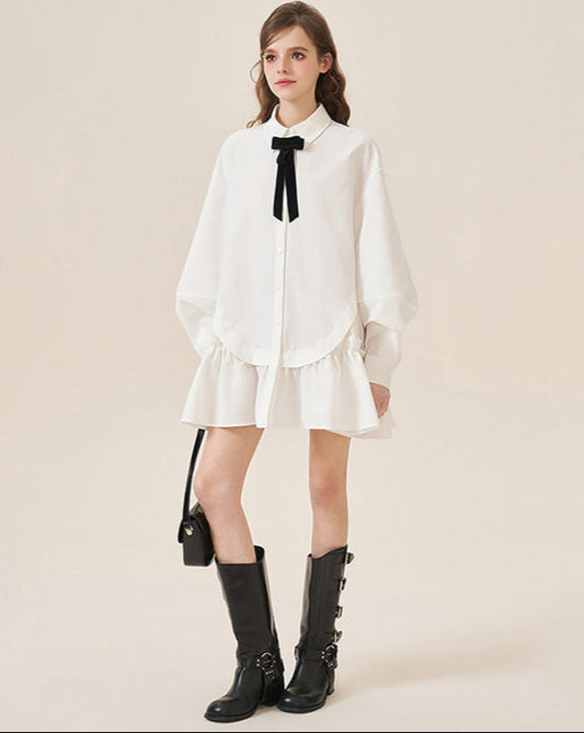 College-Inspired Ruffle Tie Shirt Dress