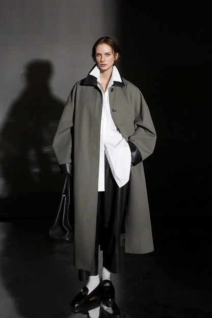 Leather-Trimmed Polo Collar Oversized Long Trench Coat