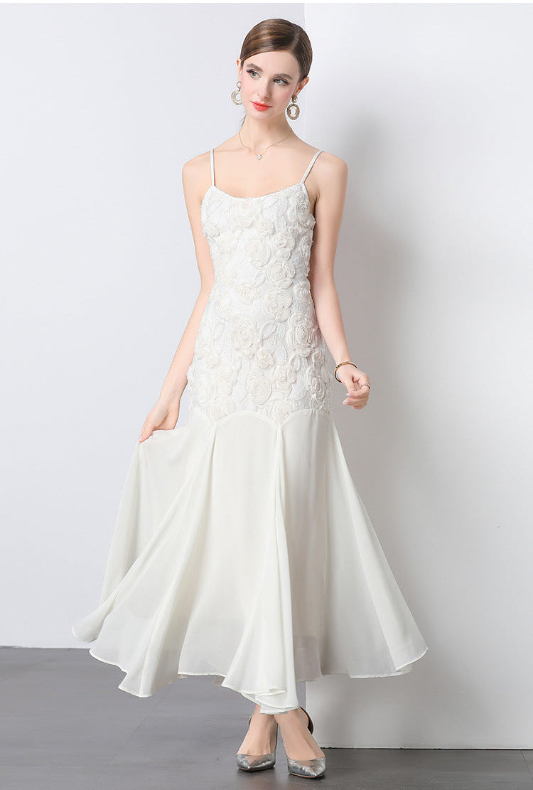French Rose Embroidered Mermaid Strappy Maxi Dress
