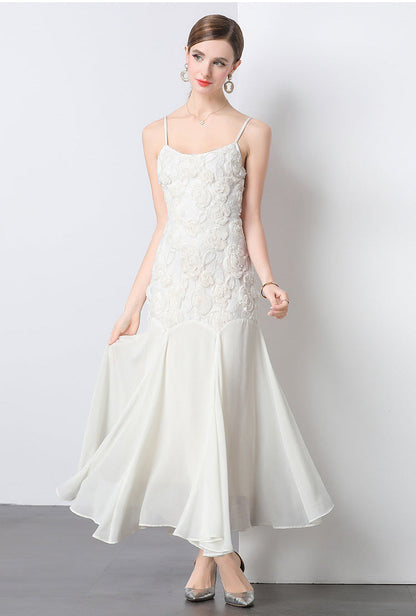 French Rose Embroidered Mermaid Strappy Maxi Dress