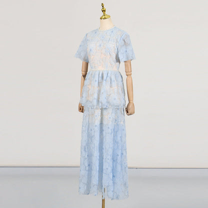 French Elegance Tiered Tulle Embroidered Maxi Dress