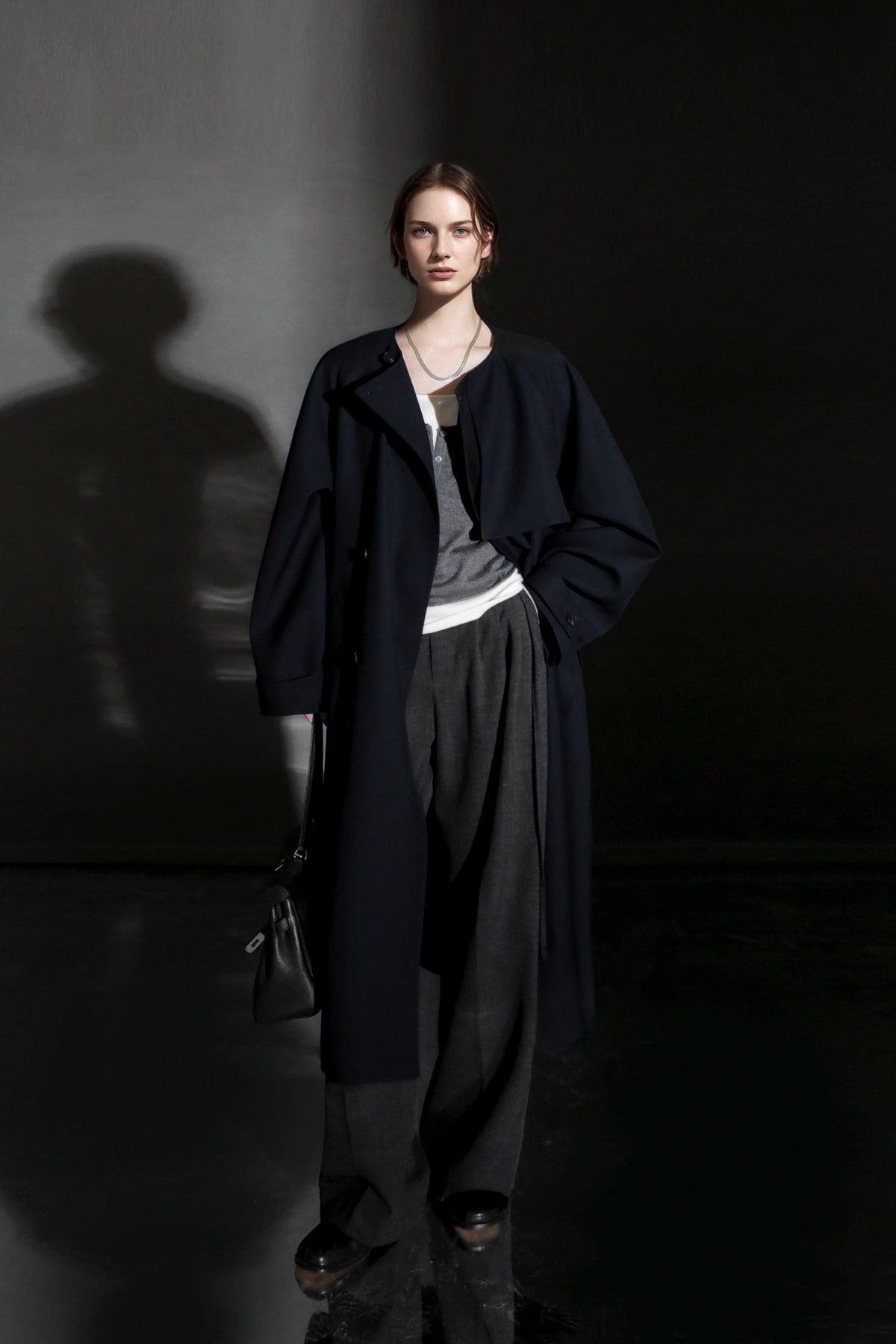 Minimalist Round Neck Wool Blend Trench Coat – Relaxed Fit