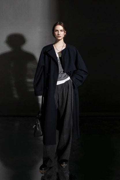 Minimalist Round Neck Wool Blend Trench Coat – Relaxed Fit
