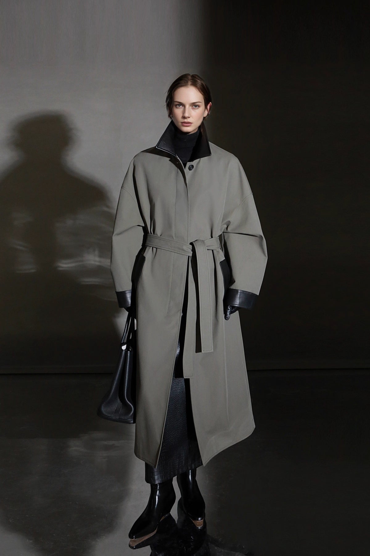 Leather-Trimmed Polo Collar Oversized Long Trench Coat
