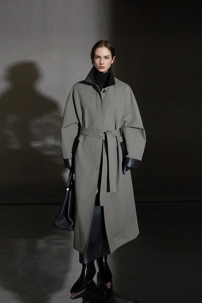Leather-Trimmed Polo Collar Oversized Long Trench Coat