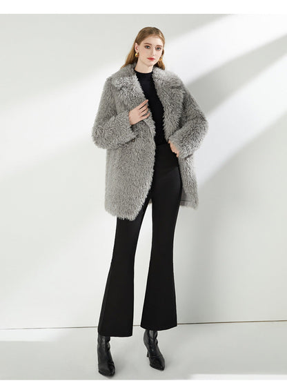 Large Collar Faux Fur Coat with Pockets