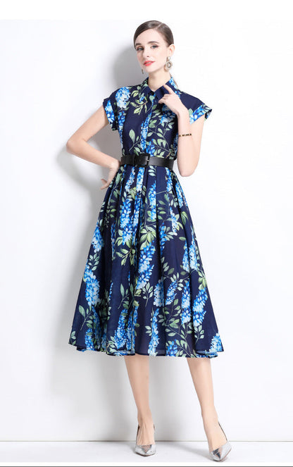 Printed Polo Collar Elegant Midi Dress