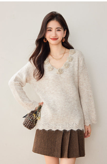 3D Floral Knit V-Neck Sweater