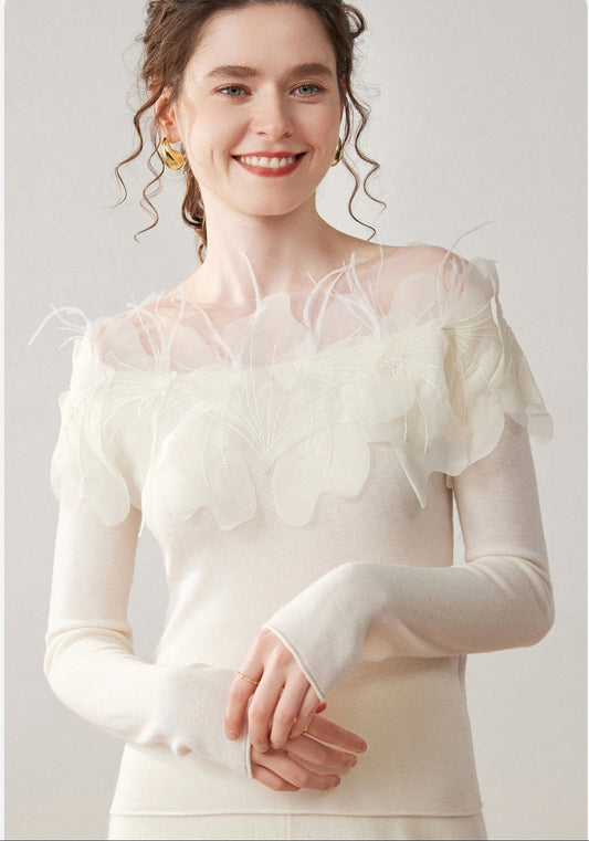 Hand-Embroidered Cashmere Sweater – One-Shoulder Floral & Feather Detail