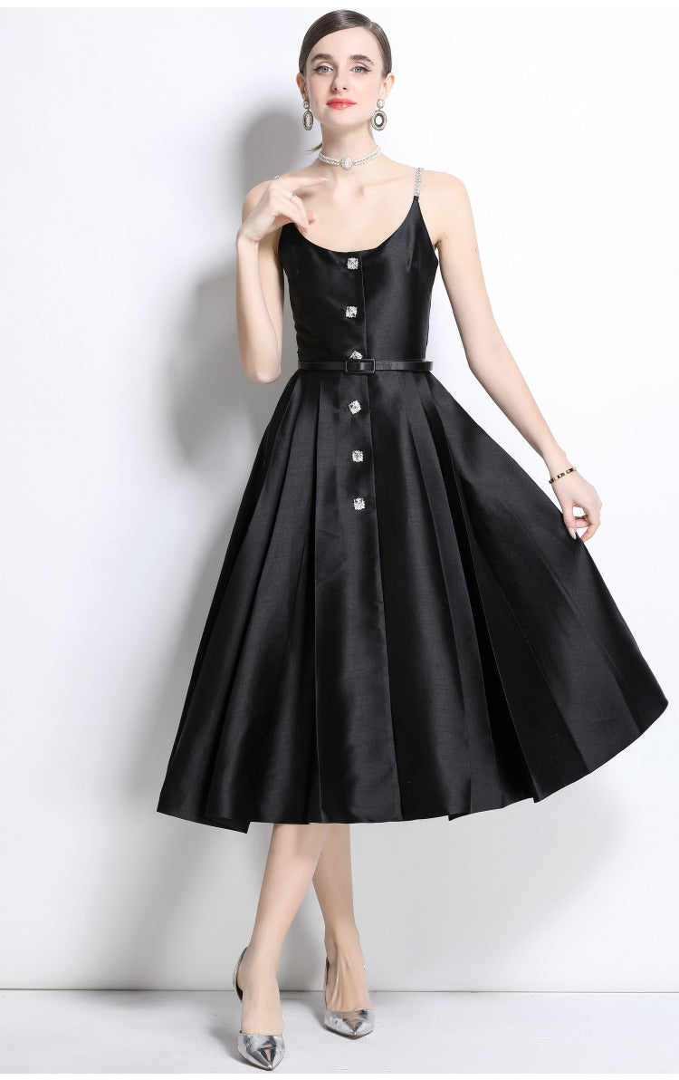 Crystal Strap Pleated Midi Dress