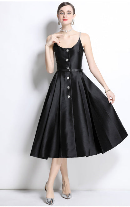 Crystal Strap Pleated Midi Dress